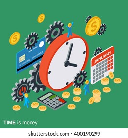 Time is money, management, business planning flat isometric vector concept illustration