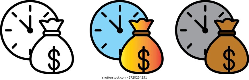 Concepto de gestión de tiempo y dinero con un reloj y un icono de bolsa de dólares establecido para la planificación financiera