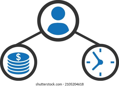 Time and money management icon, time or money symbol concept blue version 