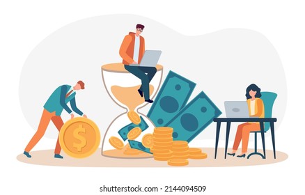 Time is money. Time management planning, workers earning money for completed tasks. Hourglass with sand transforming into income. Employee characters scheduling work, getting payment vector