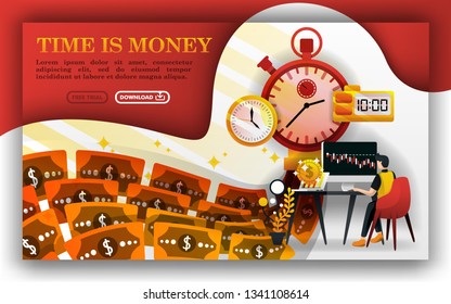 time is money, metaphor of a money machine, a man determining his investment. can use for, landing page, template, ui, web, flyer, vector illustration, online promotion, internet marketing, finance