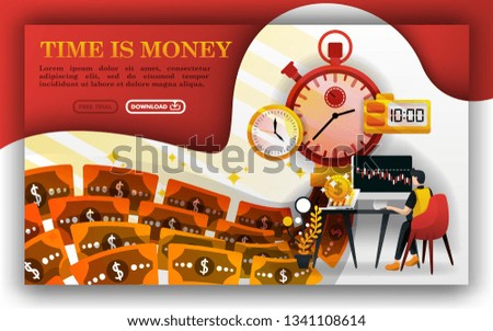 time is money, metaphor of a money machine, a man determining his investment. can use for, landing page, template, ui, web, flyer, vector illustration, online promotion, internet marketing, finance