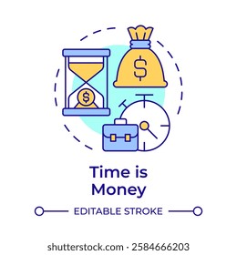 Time is money multi color concept icon. Business management. Finance, economics. Cash clock. Round shape line illustration. Abstract idea. Graphic design. Easy to use in infographic, presentation