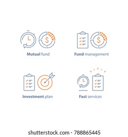 Time Is Money, Mutual Fund, Term And Conditions, Investment Strategy, Finance Solution, Business Plan, Project Management, Financial Summary, Brief Report, Fast Service, Vector Line Icon Thin Stroke