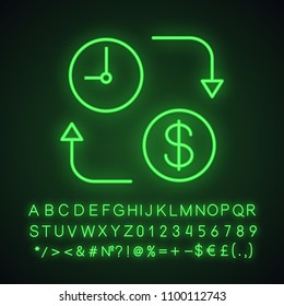 Time is money neon light icon. Clock with dollar sign. Deposit. Time to money conversion. Glowing sign with alphabet, numbers and symbols. Vector isolated illustration