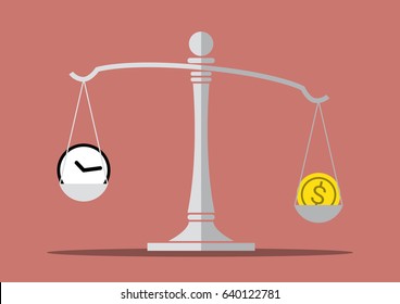 time and money on the balance scale , balance life concept, concept of make money more important than your free time, vector illustration