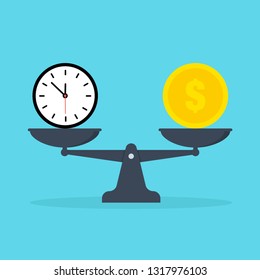 Time and money on scale time versus money clock coin of dollar. Flat design EPS 10.