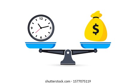 Time is money on scales. Money and Time balance on the scale. 
Clock and money bag symbols on scale. Scales. Bowls of scales in balance. Time is Money Business Concept