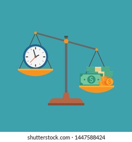 Time and money on scales as business concept of life choice. Symbol of financial success and stress from work disbalance, metaphor of working hours value. Flat vector illustration.