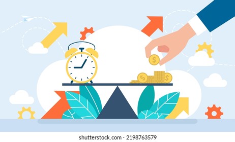 Time and money on scales. A businessman's hand puts money on the scales to balance time. Clock and coins. Weights with clock and money coin. Flat style. Vector business illustration. 