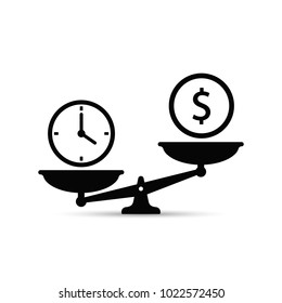 Time And Money On Scales Icon. Money And Time Balance On Scale. Weights Clock And Coin. Vector Concept Isolated Sign.