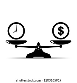 Time And Money On Scales Icon. Money And Time Balance On Scale