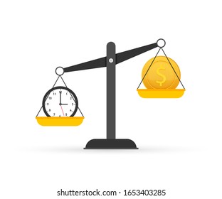 Time is money on scales icon. Money and time balance on scale. Vector stock illustration.