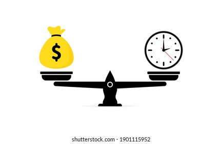 Time is money on scales icon. Money and time balance on scale. Weight with watches and cash coins. Time or money