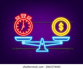 Time is money on scales icon. Neon icon. Money and time balance on scale. Vector stock illustration