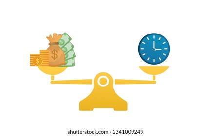 Time is money on scales icon. Concept save time, Money saving.on white background.Vector Design Illustration.