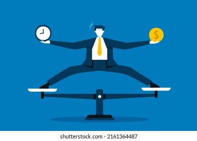 Time And Money On Scales. People Balance Job Time And Money In Business Time For Success. Businessman Standing On Scale And Balancing Money And Time. 