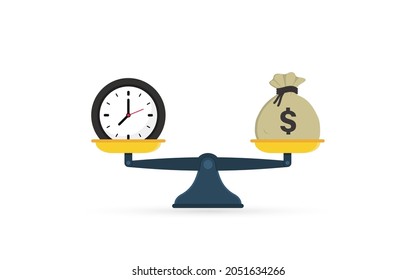 El tiempo es dinero a escalas. Pesas con reloj y bolsa de dinero. El dinero y el tiempo a escala. Tiempo versus dinero. Ilustración del vector