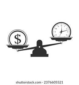 Time and money on scales. Weights with clock and coin coin isolated on white background. Vector illustration in flat style. EPS 10.