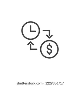 Time is money outline icon. linear style sign for mobile concept and web design. Dollar exchange with clock simple line vector icon. Symbol, logo illustration. Pixel perfect vector graphics