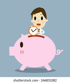 Time is Money Piggy Bank and businessman cartoon vector illustration