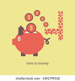 Time is Money Piggy Bank flat design with yellow background