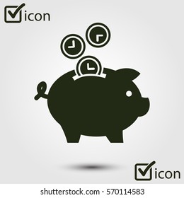 Time is money piggy bank icon. Flat design style.