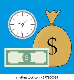 Time and money salary. Banknote money sack, vector illustration