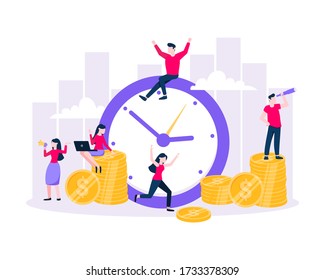 Time is money. Save time business concept flat style vector illustration isolated on white background. Financial investment and marketing planning of money growth with US coin, big clock and people.