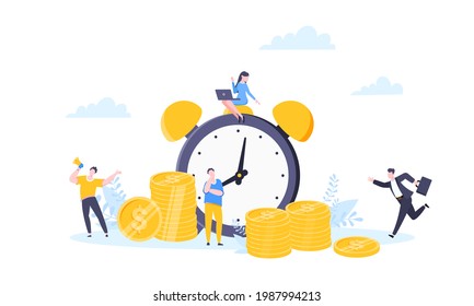 Time is money or save time business concept flat style vector illustration isolated on white background. Financial investment and marketing planning of money growth with US coin, big clock and people.