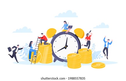 Time is money or save time business concept flat style vector illustration isolated on white background. Financial investment and marketing planning of money growth with US coin, big clock and people.