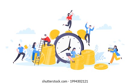 Time is money or save time business concept flat style vector illustration isolated on white background. Financial investment and marketing planning of money growth with US coin, big clock and people.