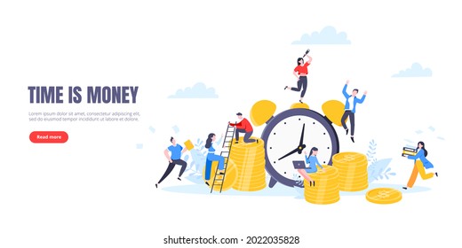Time is money or save time business concept flat style vector illustration isolated on white background. Financial investment and marketing planning of money growth with US coin, big clock and people.