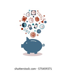 Time is Money. Save money flat concept background. Card with piggy bank and clock. Vector illustration