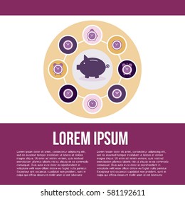 Time is Money. Save money flat concept background with place for your text.  Card with piggy bank and clock. Vector illustration