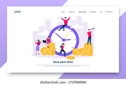 Time Is Money. Save Time Landing Page Concept Flat Style Vector Illustration Isolated On White Background. Financial Investment And Marketing Planning Of Money Growth With US Coin, Big Clock, People.