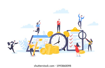 Time is money or saving money business concept. Tiny people working with clock, calendar schedule and checklist symbol. Time management flat style vector illustration isolated on white background.