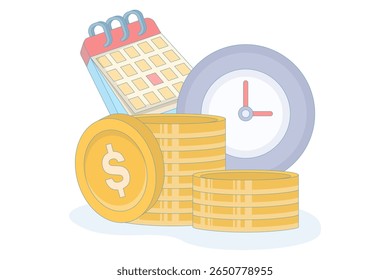 ahorro de tiempo y dinero, concepto de tiempo es dinero, tarjeta de pago en efectivo y fecha de calendario, fecha límite de pago de transacción o espera financiera. Inversión financiera, ahorro y crecimiento.
