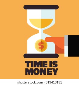 Time Is Money, Money Saving And Investments Concept. Businessman With Hourglass In Hand. Hard Working And Overtime Concept.  Modern Flat Vector Design