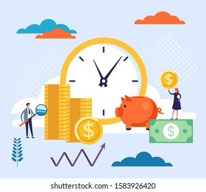 Time for money savings. Vector flat cartoon graphic design illustration