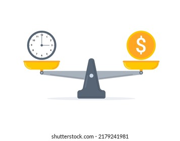 Time money scale balance vector comparision equity price work value salary illustration