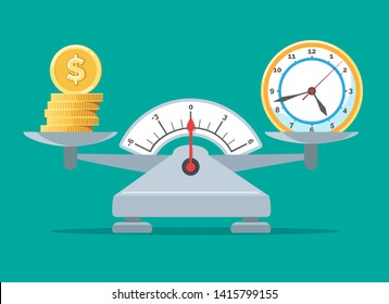 Time is money scale icon. Dollar investment and time costs weight balance, business invest value measuring concept vector illustration