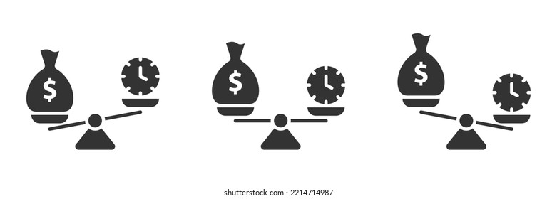 Time and money scales icon. Scales with a bag of money on one bowl and with a clock on another. Flat vector illustration.