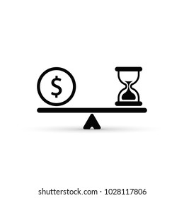 Time and money scales icon. Money and time balance on scale. Vector isolated sign.