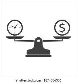 Time and money scales icon. Money and time balance on scale. Weights with clock and money coin. Vector isolated sign.