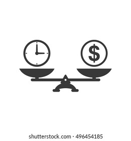 Time And Money Scales Icon. Money And Time Balance On Scale. Weights With Clock And Money Coin. Vector Isolated Sign.