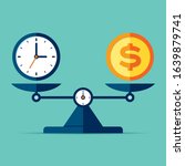 Time is money. Scales icon in flat style. Libra symbol, balance sign. Time management. Dollar and clock icons. Vector design element for you project on color background