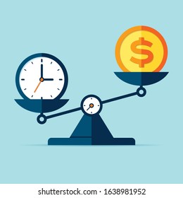 Time is money. Scales icon in flat style. Libra symbol, balance sign. Time management. Dollar and time icons. Vector design element for you project on color background