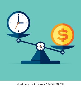 Time is money. Scales icon in flat style. Libra symbol, balance sign. Time management. Dollar and clock icons. Vector design element for you project on color background