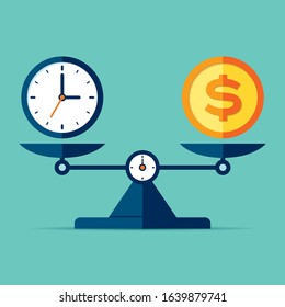 Time is money. Scales icon in flat style. Libra symbol, balance sign. Time management. Dollar and clock icons. Vector design element for you project on color background